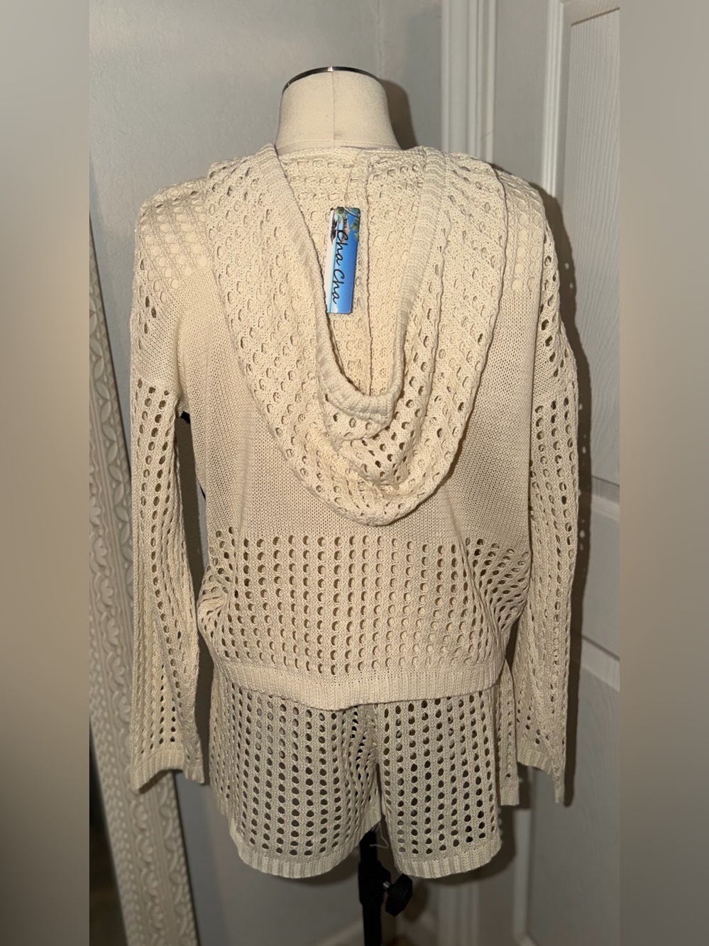 Beach Bum Crochet Hoodie & Shorts Coverup Set - Cream/Black - Picture 3 of 9